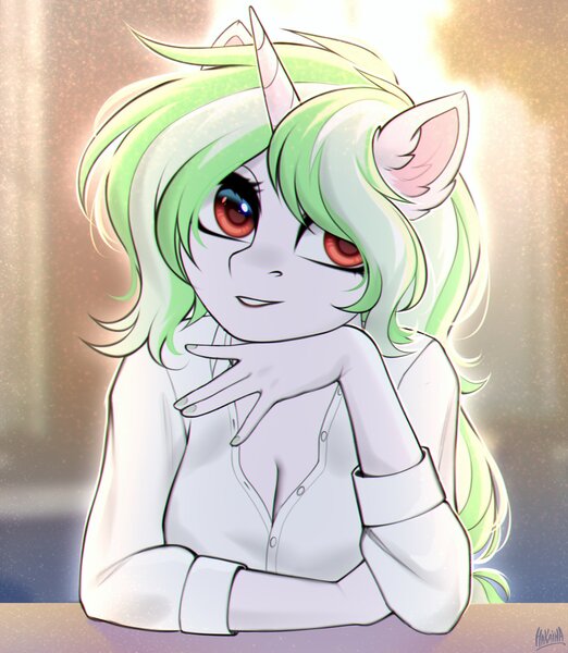 Size: 2000x2297 | Tagged: suggestive, artist:hakaina, derpibooru import, oc, unofficial characters only, anthro, unicorn, breasts, cleavage, clothes, ear fluff, female, hair over one eye, horn, image, jpeg, looking at you, shirt, solo, solo female