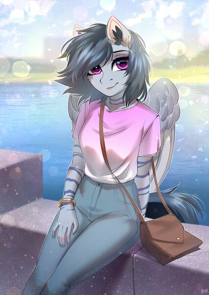 Size: 2500x3520 | Tagged: safe, artist:hakaina, derpibooru import, oc, unofficial characters only, anthro, bat pony, pony, bag, bracelet, clothes, ear fluff, ear piercing, earring, female, handbag, image, jewelry, jpeg, looking at you, mare, pants, piercing, shirt, sitting, solo, t-shirt