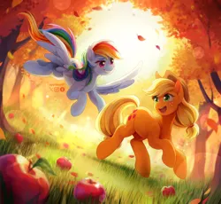 Size: 2048x1885 | Tagged: safe, artist:applesartt, derpibooru import, applejack, rainbow dash, earth pony, pegasus, pony, apple, apple tree, appledash, applejack's hat, cowboy hat, crepuscular rays, duo, duo female, falling leaves, female, flying, food, freckles, g4, grass, grin, hat, image, leaves, lens flare, lesbian, mare, open mouth, open smile, outdoors, png, shipping, smiling, spread wings, tree, wings