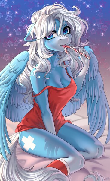 Size: 2498x4096 | Tagged: suggestive, artist:hakaina, derpibooru import, oc, oc:icy heart, unofficial characters only, pegasus, abstract background, bottomless, breasts, candy, candy cane, cleavage, clothes, female, food, freckles, image, jpeg, licking, looking at you, partial nudity, sitting, socks, solo, solo female, strap slip, tanktop, tongue out