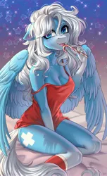 Size: 2498x4096 | Tagged: suggestive, artist:hakaina, derpibooru import, oc, oc:icy heart, unofficial characters only, pegasus, abstract background, bottomless, breasts, candy, candy cane, cleavage, clothes, female, food, freckles, image, jpeg, licking, looking at you, partial nudity, sitting, socks, solo, solo female, strap slip, tanktop, tongue out