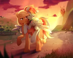 Size: 2047x1627 | Tagged: safe, artist:applesartt, derpibooru import, applejack, rainbow dash, earth pony, pegasus, pony, accessory swap, appledash, applejack's hat, cowboy hat, crepuscular rays, cute, dashabetes, duo, duo female, eyes closed, female, freckles, g4, hat, image, lesbian, mare, outdoors, png, ponies riding ponies, rainbow dash riding applejack, raised hoof, riding, riding a pony, shipping, signature, smiling, spread wings, sunset, wings
