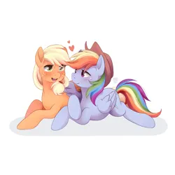 Size: 2047x2047 | Tagged: safe, artist:applesartt, derpibooru import, applejack, rainbow dash, earth pony, pegasus, pony, accessory swap, appledash, applejack's hat, blushing, cowboy hat, duo, duo female, female, folded wings, freckles, g4, hat, heart, image, lesbian, looking at each other, looking at someone, lying down, mare, one wing out, open mouth, open smile, png, prone, shipping, signature, simple background, smiling, smiling at each other, white background, wings