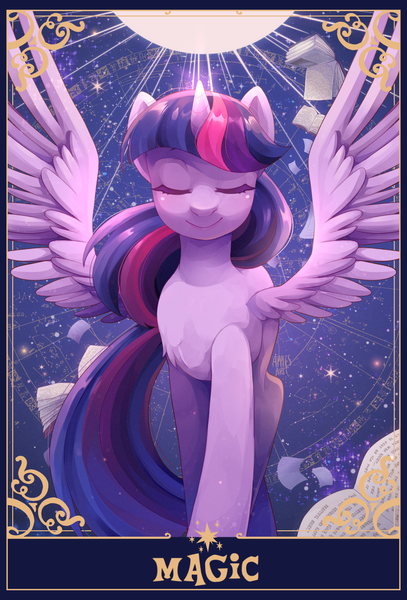 Size: 1390x2048 | Tagged: safe, artist:applesartt, derpibooru import, twilight sparkle, twilight sparkle (alicorn), alicorn, pony, book, colored eyelashes, constellation, eyes closed, female, g4, glow, glowing horn, horn, image, mare, png, smiling, solo, spread wings, tarot card, text, wings