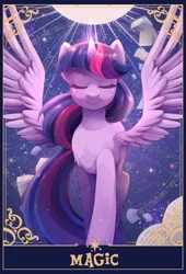 Size: 1390x2048 | Tagged: safe, artist:applesartt, derpibooru import, twilight sparkle, twilight sparkle (alicorn), alicorn, pony, book, constellation, eyes closed, female, g4, horn, image, mare, png, smiling, solo, spread wings, tarot card, wings