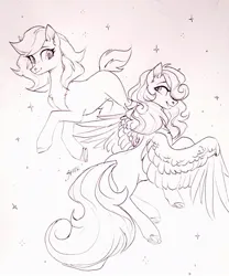 Size: 913x1100 | Tagged: safe, artist:sparkling_light, derpibooru import, oc, unofficial characters only, earth pony, pegasus, pony, black and white, female, grayscale, image, jpeg, mare, monochrome, sketch, traditional art