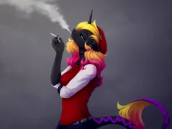 Size: 2048x1542 | Tagged: safe, artist:sparkling_light, derpibooru import, oc, unofficial characters only, anthro, unicorn, abstract background, beanie, choker, cigarette, ear piercing, earring, female, hat, horn, image, jewelry, jpeg, leonine tail, piercing, smoking, solo, tail