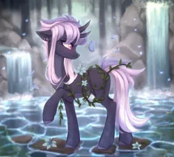 Size: 2178x1962 | Tagged: safe, artist:sparkling_light, derpibooru import, oc, unofficial characters only, butterfly, insect, pony, unicorn, blushing, ear piercing, earring, female, horn, horns, image, jewelry, jpeg, mare, necklace, piercing, vine, water, waterfall