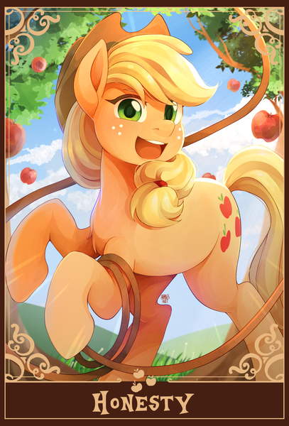 Size: 1390x2048 | Tagged: safe, artist:applesartt, derpibooru import, applejack, earth pony, pony, apple, apple tree, applejack's hat, cowboy hat, female, food, freckles, g4, grass, hat, image, lasso, looking at you, mare, open mouth, open smile, outdoors, png, rearing, rope, smiling, smiling at you, solo, tarot card, tree