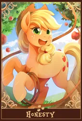 Size: 1390x2048 | Tagged: safe, artist:applesartt, derpibooru import, applejack, earth pony, pony, apple, apple tree, applejack's hat, cowboy hat, female, food, freckles, g4, grass, hat, image, lasso, looking at you, mare, open mouth, open smile, outdoors, png, rearing, rope, smiling, smiling at you, solo, tarot card, tree