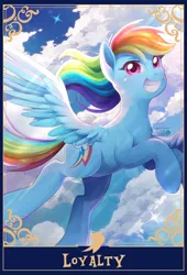 Size: 1390x2048 | Tagged: safe, artist:applesartt, derpibooru import, rainbow dash, pegasus, pony, cloud, female, flying, g4, grin, image, looking at you, mare, outdoors, png, sky, smiling, smiling at you, solo, spread wings, tarot card, wind, windswept mane, wings