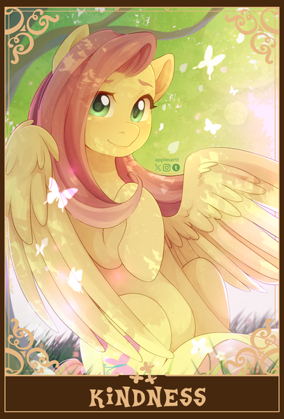 Size: 1390x2048 | Tagged: safe, artist:applesartt, derpibooru import, fluttershy, pegasus, pony, female, g4, image, looking at you, mare, partially open wings, png, smiling, smiling at you, solo, tarot card, wings