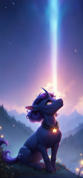 Size: 1080x2312 | Tagged: safe, ai content, derpibooru import, generator:wildcardx, machine learning generated, stable diffusion, pony, unicorn, female, horn, image, looking up, mare, night, png, starry sky, wallpaper