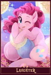 Size: 1390x2048 | Tagged: safe, artist:applesartt, derpibooru import, pinkie pie, earth pony, pony, :p, female, g4, image, looking at you, mare, one eye closed, png, smiling, smiling at you, solo, tarot card, tongue out, wink, winking at you