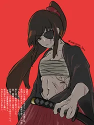 Size: 3072x4096 | Tagged: safe, artist:metaruscarlet, derpibooru import, oc, oc:ohasu, unofficial characters only, human, clothes, eyepatch, hiragana, humanized, humanized oc, image, japanese, kanji, katana, kimono (clothing), moon runes, muscles, png, red background, sarashi, scar, simple background, solo, sword, tattoo, tied up, weapon