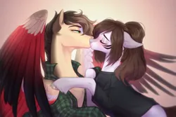 Size: 1024x683 | Tagged: safe, artist:sparkling_light, derpibooru import, oc, pegasus, pony, blushing, clothes, colored wings, duo, facial markings, female, gradient background, image, jpeg, kissing, male, mare, oc x oc, shipping, spread wings, stallion, straight, unshorn fetlocks, wings