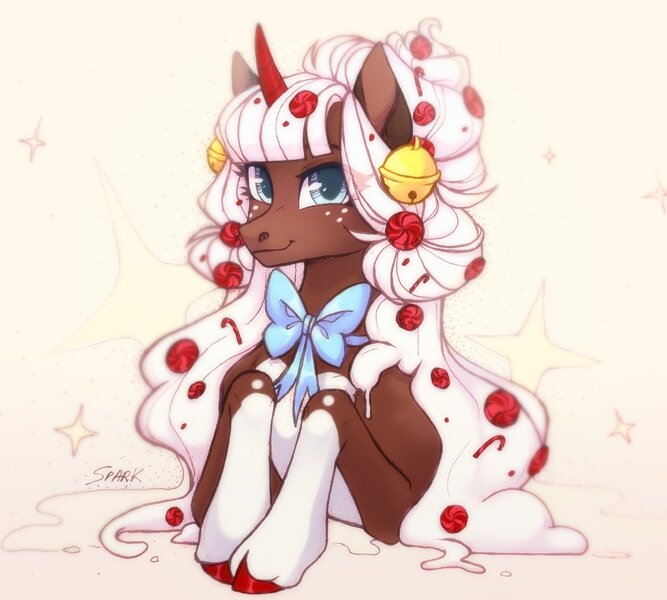 Size: 1520x1368 | Tagged: safe, artist:sparkling_light, derpibooru import, oc, unofficial characters only, pony, unicorn, bowtie, candy, curved horn, female, food, horn, image, jpeg, mare, solo