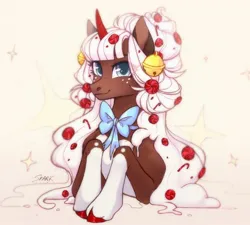 Size: 1520x1368 | Tagged: safe, artist:sparkling_light, derpibooru import, oc, unofficial characters only, pony, unicorn, bowtie, candy, curved horn, female, food, horn, image, jpeg, mare, solo
