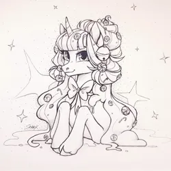 Size: 1600x1600 | Tagged: safe, alternate version, artist:sparkling_light, derpibooru import, oc, unofficial characters only, pony, unicorn, black and white, bowtie, candy, curved horn, female, food, grayscale, horn, image, jpeg, mare, monochrome, sketch, solo, traditional art