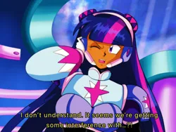 Size: 1024x768 | Tagged: safe, artist:rockmangurlx, derpibooru import, twilight sparkle, human, robot, bust, dialogue, female, gynoid, headset, humanized, image, megaman x, moderate dark skin, one eye closed, png, reploid, solo, text