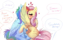 Size: 4678x3000 | Tagged: safe, artist:confetti-cakez, artist:confetticakez, derpibooru import, fluttershy, rainbow dash, pegasus, pony, blushing, chest fluff, cute, duo, duo female, eyes closed, female, flutterdash, folded wings, g4, heart, high res, image, implied applejack, implied pinkie pie, implied rarity, implied twilight sparkle, kissing, lesbian, mare, one wing out, png, shipping, simple background, sitting, speech bubble, white background, wing fluff, wings