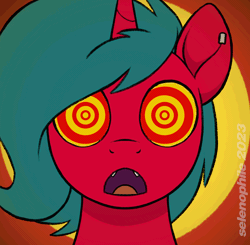 Size: 2000x1958 | Tagged: safe, alternate version, artist:selenophile, derpibooru import, oc, oc:crimson malibu, unofficial characters only, pony, unicorn, alternate character, animated, commission, dilated pupils, gif, horn, hypno eyes, hypnosis, hypnotized, image, looking at you, open mouth, solo, swirly eyes, ych result