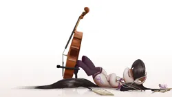 Size: 5000x2813 | Tagged: safe, artist:ncmares, derpibooru import, octavia melody, earth pony, pony, backwards cutie mark, bow (instrument), cello, chest fluff, clothes, cup, cute, ear fluff, earbuds, eyes closed, female, food, g4, high res, image, leg fluff, legs in air, listening, lying down, mare, messy mane, music, musical instrument, on back, png, sheet music, signature, simple background, socks, solo, tea, teacup, thigh highs, white background
