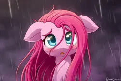 Size: 2400x1600 | Tagged: safe, artist:symbianl, derpibooru import, pinkie pie, earth pony, pony, blushing, bust, cheek fluff, crying, cute, cuteamena, diapinkes, female, floppy ears, g4, image, looking at you, mare, open mouth, pinkamena diane pie, png, rain, sad, sadorable, solo, teary eyes, wet, wet mane, wet mane pinkie pie