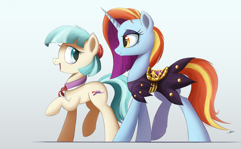 Size: 3500x2172 | Tagged: safe, artist:ncmares, derpibooru import, coco pommel, sassy saddles, earth pony, pony, unicorn, clothes, duo, duo female, female, friendshipping, g4, high res, horn, image, jpeg, looking at each other, looking at someone, looking back, mare, open mouth, open smile, profile, raised hoof, raised leg, side view, signature, smiling, smiling at each other, standing on two hooves, tail