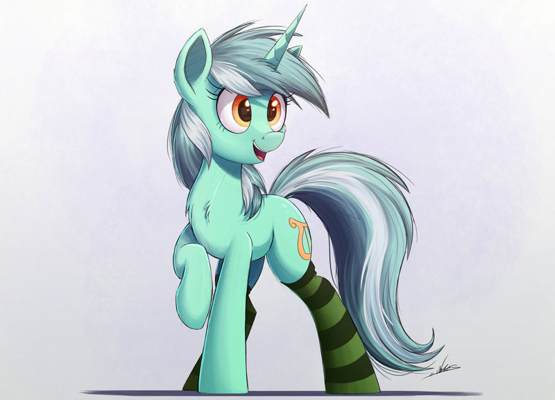 Size: 4000x2881 | Tagged: safe, artist:ncmares, derpibooru import, lyra heartstrings, pony, unicorn, chest fluff, clothes, cute, female, g4, high res, horn, image, lyrabetes, mare, open mouth, open smile, png, raised hoof, signature, smiling, socks, solo, striped socks, tail