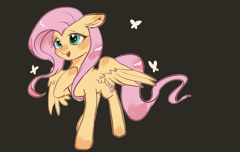 Size: 2048x1300 | Tagged: safe, artist:kanfengjingdeyumi, derpibooru import, fluttershy, butterfly, insect, pegasus, pony, dark gray background, female, image, jpeg, mare, open mouth, simple background, solo, spread wings, wings
