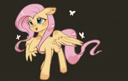 Size: 2048x1300 | Tagged: safe, artist:kanfengjingdeyumi, derpibooru import, fluttershy, butterfly, insect, pegasus, pony, dark gray background, female, image, jpeg, mare, open mouth, simple background, solo, spread wings, wings