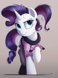 Size: 3000x4000 | Tagged: safe, artist:ncmares, derpibooru import, rarity, pony, unicorn, clothes, cute, female, g4, gradient background, high res, horn, image, jpeg, looking at you, mare, raised hoof, raribetes, signature, smiling, smiling at you, socks, solo, stockings, tail, thigh highs