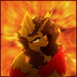 Size: 3000x3000 | Tagged: safe, artist:viryav, derpibooru import, oc, unofficial characters only, alicorn, pony, explosion, female, fire, fluffy, image, mare, pleased, png, smiling, solo