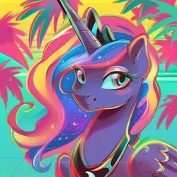 Size: 1024x1024 | Tagged: safe, ai content, derpibooru import, machine learning generated, prompter:foxpony, stable diffusion, princess luna, alicorn, pony, 80s, abstract background, accessory, chromatic aberration, g4, generator:pony diffusion v6 xl, image, palm tree, png, solo, tree