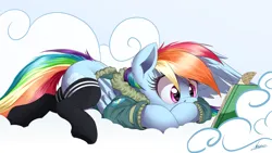 Size: 4000x2250 | Tagged: safe, artist:ncmares, derpibooru import, rainbow dash, pegasus, pony, bomber jacket, book, clothes, cloud, cute, dashabetes, female, folded wings, g4, high res, image, jacket, lying down, lying on a cloud, mare, on a cloud, png, prone, reading, signature, socks, solo, tail, thigh highs, wallpaper, wing hands, wings, wonderbolts