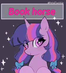 Size: 972x1080 | Tagged: safe, artist:petaltwinkle, derpibooru import, twilight sparkle, pony, unicorn, alternate hairstyle, animated, bookhorse, commission, eye clipping through hair, eyestrain warning, female, frame by frame, g4, gif, horn, image, looking at you, mare, multicolored mane, pigtails, purple background, purple coat, purple eyes, raised hoof, raised hooves, signature, simple background, smiling, smiling at you, solo, sparkles, sparkly eyes, text, tied mane, unicorn horn, unicorn twilight, wingding eyes, your character here