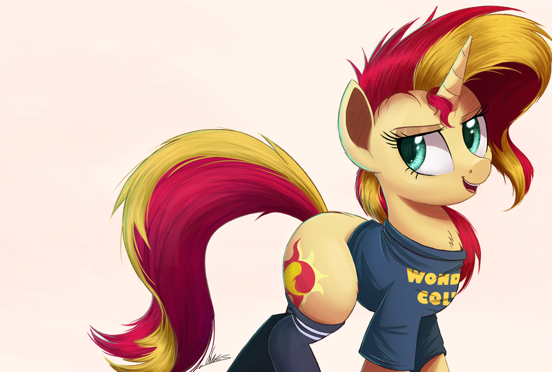 Size: 4450x3000 | Tagged: safe, artist:ncmares, derpibooru import, sunset shimmer, pony, unicorn, chest fluff, clothes, colored pupils, cute, female, g4, high res, horn, image, looking at you, mare, messy mane, open mouth, open smile, png, shimmerbetes, shirt, signature, simple background, smiling, smiling at you, socks, solo, tail, thigh highs, white background