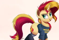 Size: 4450x3000 | Tagged: safe, artist:ncmares, derpibooru import, sunset shimmer, pony, unicorn, chest fluff, clothes, colored pupils, cute, female, g4, high res, horn, image, looking at you, mare, messy mane, open mouth, open smile, png, shimmerbetes, shirt, signature, simple background, smiling, smiling at you, socks, solo, tail, thigh highs, white background
