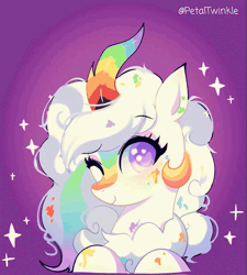Size: 1152x1280 | Tagged: safe, artist:petaltwinkle, derpibooru import, oc, oc:cloudy canvas, unofficial characters only, kirin, pony, abstract background, animated, colored horn, commission, curly mane, eye clipping through hair, eyebrows, eyebrows visible through hair, eyelashes, female, frame by frame, gif, horn, image, kirin oc, long mane, mare, multicolored hair, multicolored horn, one eye closed, paint splatter, purple eyes, rainbow hair, rainbow horn, raised hoof, raised hooves, signature, smiling, solo, sparkles, sparkly eyes, white coat, white mane, wingding eyes, wink, ych result