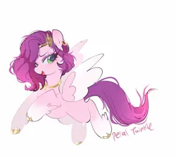 Size: 1440x1297 | Tagged: safe, artist:petaltwinkle, derpibooru import, pipp petals, pegasus, pony, g5, blushing, coat markings, colored hooves, colored wings, colored wingtips, curly mane, ear blush, ear piercing, earring, eyeshadow, female, fetlock tuft, flying, gold hooves, gradient mane, gradient tail, headpiece, hooped earrings, hooves, image, jewelry, jpeg, lidded eyes, long mane, long tail, makeup, mare, missing cutie mark, necklace, open mouth, open smile, piercing, shiny hooves, signature, simple background, smiling, socks (coat marking), solo, spread wings, tail, teal eyes, two toned mane, two toned tail, two toned wings, unshorn fetlocks, white background, wings