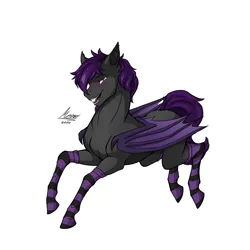 Size: 2300x2300 | Tagged: safe, artist:monolith_skyline, derpibooru import, oc, unofficial characters only, bat pony, pony, bat pony oc, bat wings, clothes, image, looking at you, male, png, simple background, smiling, socks, solo, stallion, striped socks, white background, wings