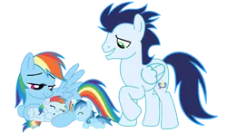 Size: 3812x2235 | Tagged: safe, derpibooru import, rainbow dash, soarin', oc, oc:ragtag, oc:shooting star, pegasus, pony, baby, baby pony, female, filly, foal, image, male, mare, offspring, parent:rainbow dash, parent:soarin', parents:soarindash, png, shipping, siblings, simple background, soarindash, stallion, straight, transparent background, twins