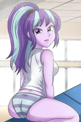 Size: 1934x2900 | Tagged: suggestive, artist:sumin6301, derpibooru import, starlight glimmer, twilight sparkle, human, equestria girls, ass, background, breasts, butt, ceiling, clothes, crack, eyebrows, eyebrows visible through hair, eyeliner, female, g4, glass, high res, image, jpeg, knees, lipstick, looking at you, looking back, looking back at you, makeup, microsoft, microsoft windows, normal expression, panties, panty shot, ponytail, shirt, sitting, solo, solo female, striped panties, striped underwear, stupid sexy starlight glimmer, thighs, twibutt, underwear, white shirt, wood