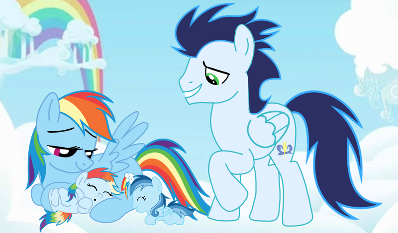 Size: 3812x2235 | Tagged: safe, derpibooru import, rainbow dash, soarin', oc, oc:ragtag, oc:shooting star, pegasus, pony, baby, baby pony, female, filly, foal, image, male, mare, offspring, parent:rainbow dash, parent:soarin', parents:soarindash, png, shipping, siblings, soarindash, stallion, straight, twins