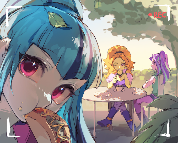 Size: 2070x1668 | Tagged: safe, artist:deadbirdorzcr, derpibooru import, adagio dazzle, aria blaze, sonata dusk, human, equestria girls, camera shot, chair, eating, food, g4, image, leaves, leaves in hair, looking at you, outdoors, png, table, taco, tea, the dazzlings, tree