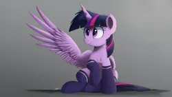 Size: 4420x2486 | Tagged: safe, artist:ncmares, derpibooru import, twilight sparkle, twilight sparkle (alicorn), alicorn, pony, adorkable, clothes, cute, dork, female, g4, horn, image, jpeg, mare, one wing out, sitting, smiling, socks, solo, thigh highs, twiabetes, wings