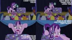 Size: 2000x1125 | Tagged: safe, derpibooru import, edit, edited screencap, editor:quoterific, screencap, blues, carrot top, cherry berry, golden harvest, hoo'far, linky, lucky clover, noteworthy, princess cadance, princess flurry heart, shoeshine, starlight glimmer, trixie, twilight sparkle, road to friendship, chains, image, png, pocket watch, stage, trunk