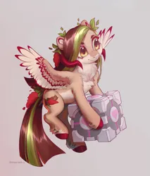 Size: 2035x2384 | Tagged: safe, artist:helemaranth, derpibooru import, oc, oc:helemaranth, unofficial characters only, pegasus, pony, companion cube, horns, image, png, portal (valve), solo, spread wings, wings