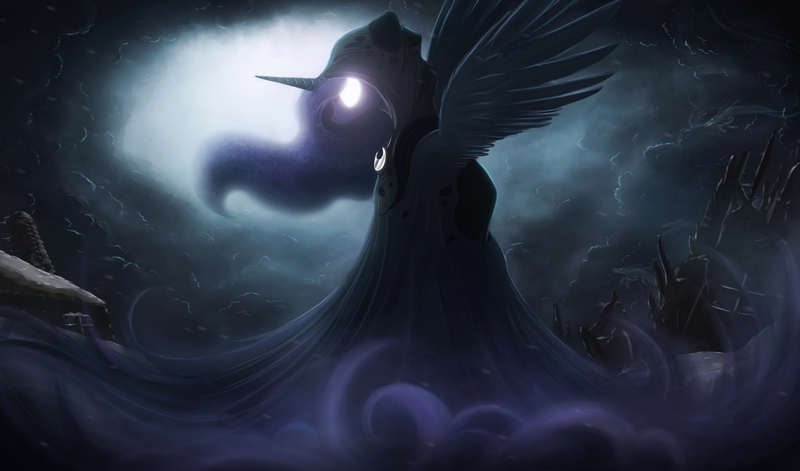 Size: 4250x2500 | Tagged: safe, artist:ncmares, derpibooru import, princess luna, spirit of hearth's warming yet to come, alicorn, pony, a hearth's warming tail, epic, female, g4, glow, glowing eyes, high res, horn, image, jpeg, mare, night, outdoors, solo, spread wings, wallpaper, wings